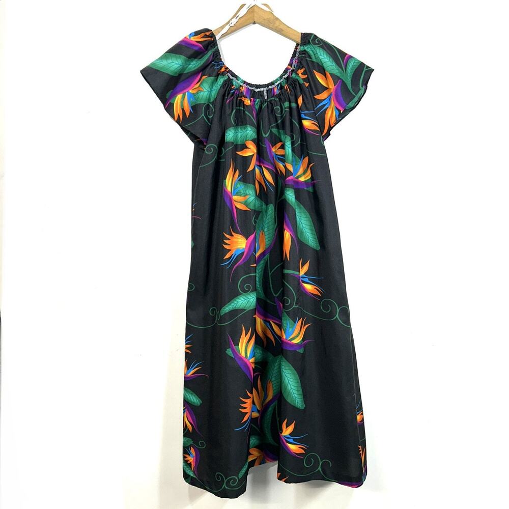 VTG 80's Hilo Hattie Hawaiian Floral MIDI Muumuu Dress Women’s M Tropical Black